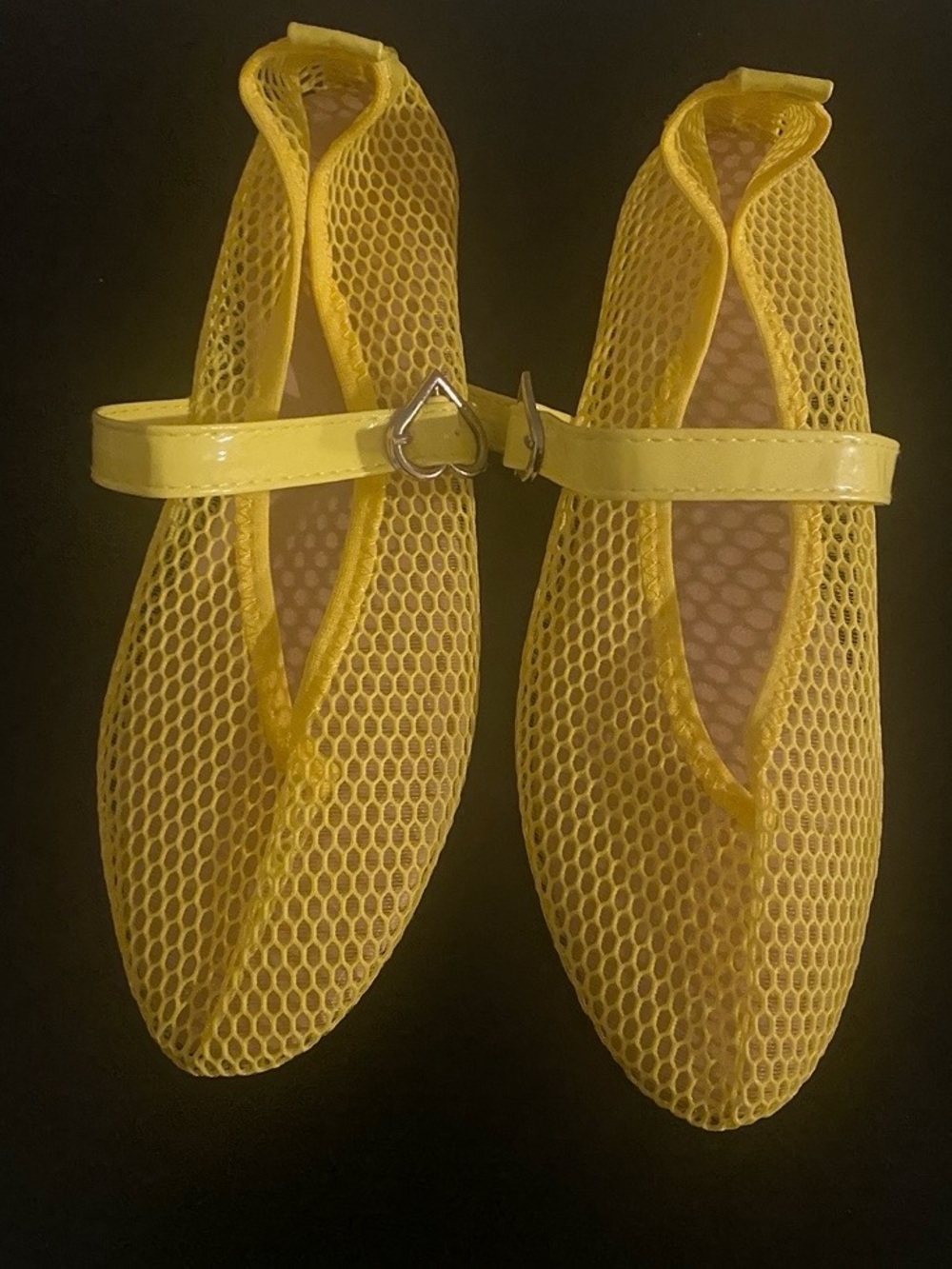 Yellow Mesh Mary Jane Flats with Heart Buckle